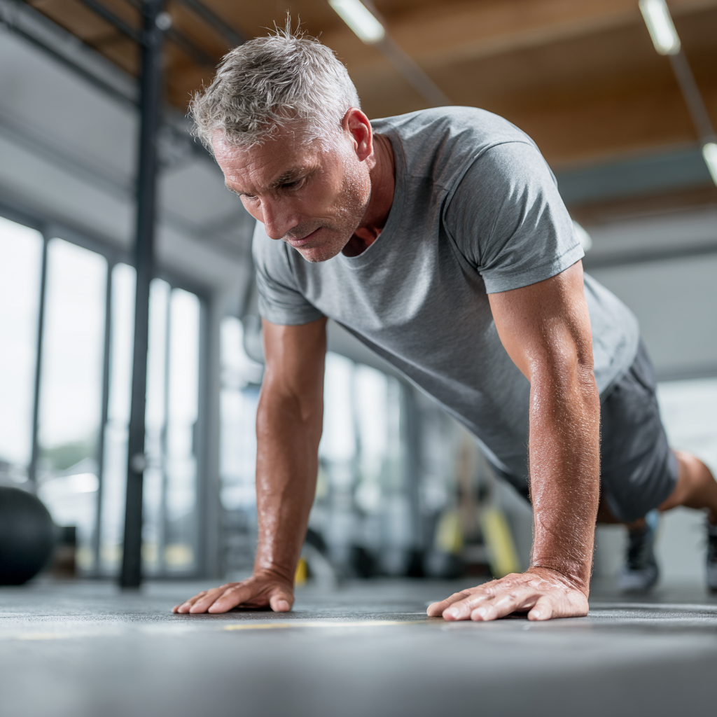 Middle-aged person doing functional fitness exercises in modern training space