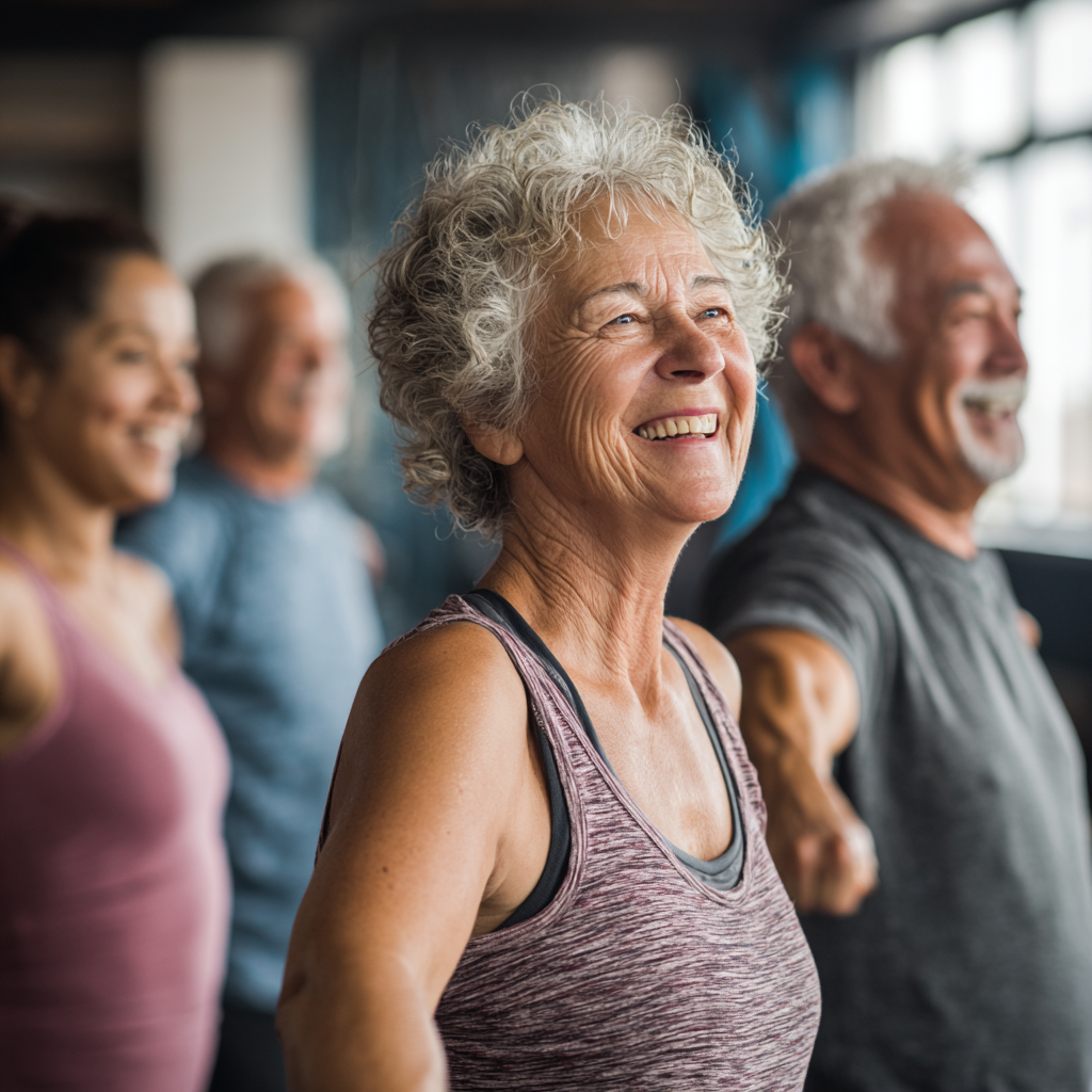 Senior adults participating in group fitness session with professional trainer guidance